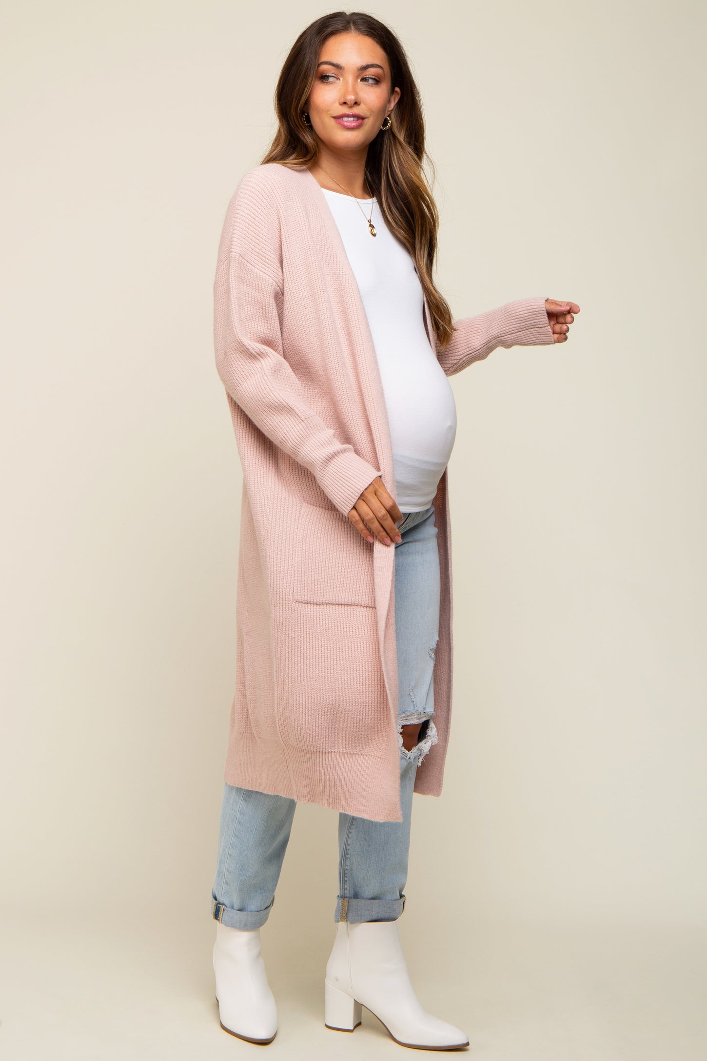 Light Pink Chunky Knit Long Sweater Maternity Cardigan