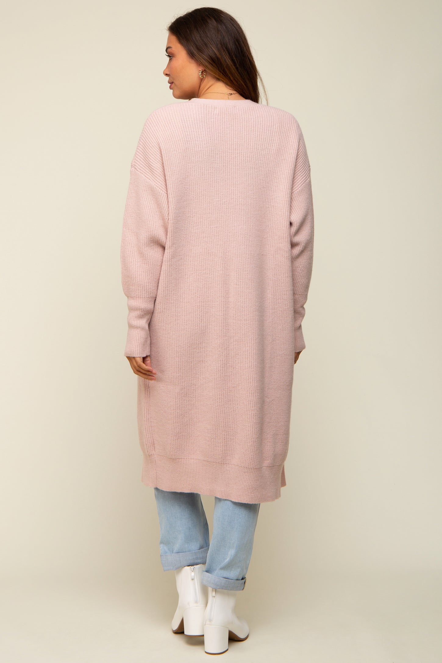 Light Pink Chunky Knit Long Sweater Maternity Cardigan