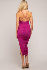 Magenta Mesh Ruched Maternity Side Slit Midi Dress
