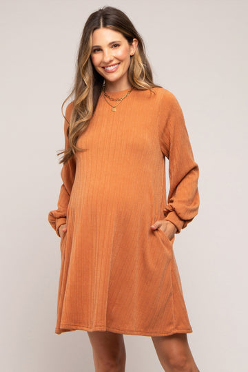Camel Mock Neck Long Sleeve Maternity Dress