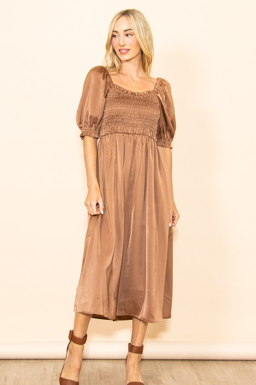 Mocha Satin Smocked Maternity Midi Dress