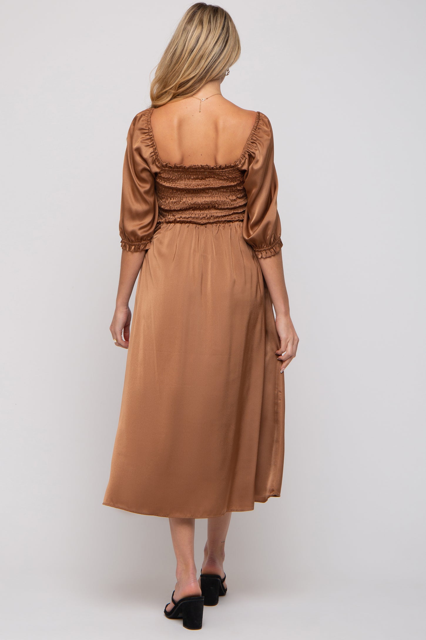 Mocha Satin Smocked Maternity Midi Dress