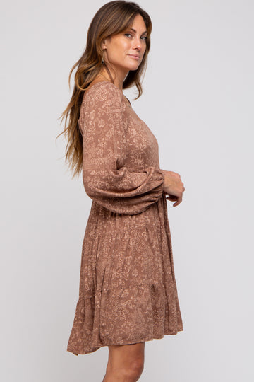 Mocha Floral Tier Long Sleeve Dress