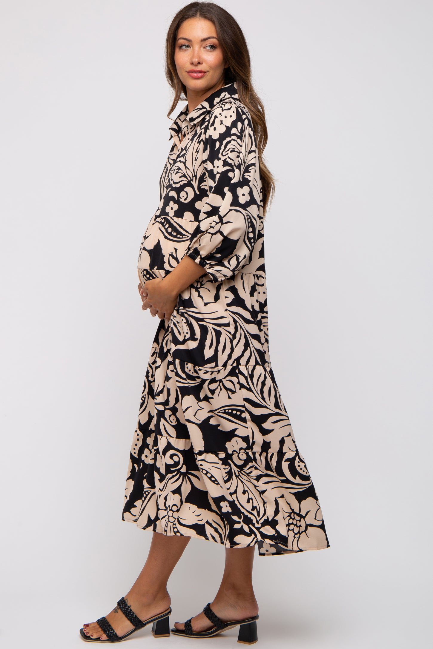 Black Floral Collared Tiered Maternity Midi Dress