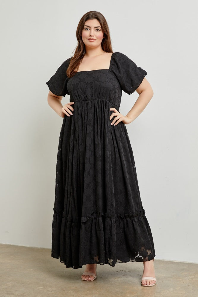 Black Floral Chiffon Smocked Square Neck Maternity Plus Maxi Dress