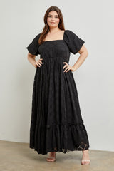 Black Floral Chiffon Smocked Square Neck Maternity Plus Maxi Dress