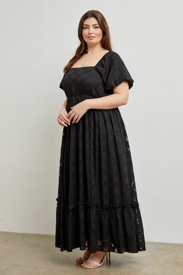 Black Floral Chiffon Smocked Square Neck Plus Maxi Dress