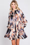Navy Print Button Down Puff Sleeve Dress