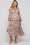 Mauve Floral Chiffon Sweetheart Neck Ruffle Tiered Maternity Midi Dress