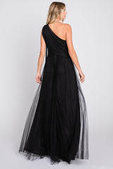 Black One Shoulder Pleated Mesh Gown