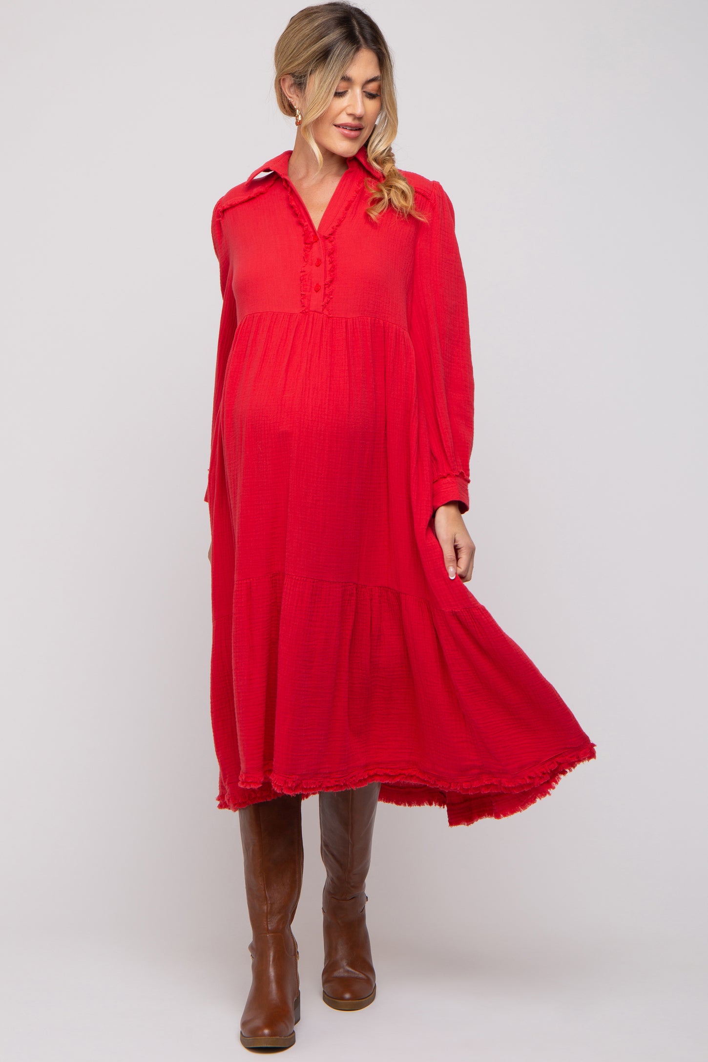 Red Fringe Maternity Midi Dress