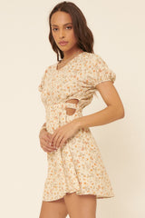 Vanilla Floral Round Neck Button Keyhole Back Mini Dress