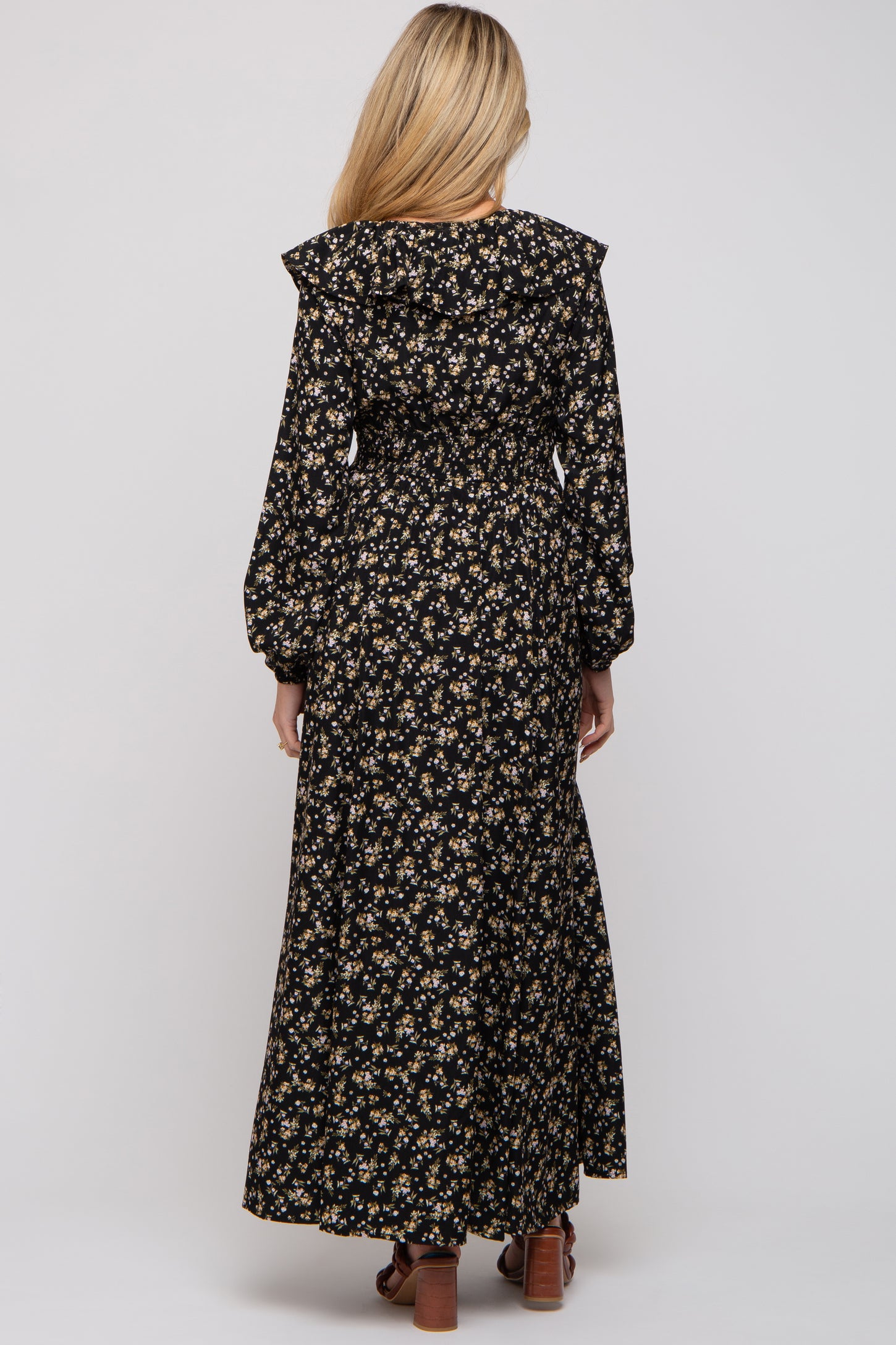 Black Floral Ruffle V-Neck Wrap Front Maternity Maxi Dress