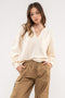 Cream Solid Patchwork Split Neck Knit Top