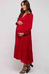 Red Textured Tiered Maternity Midi Dress