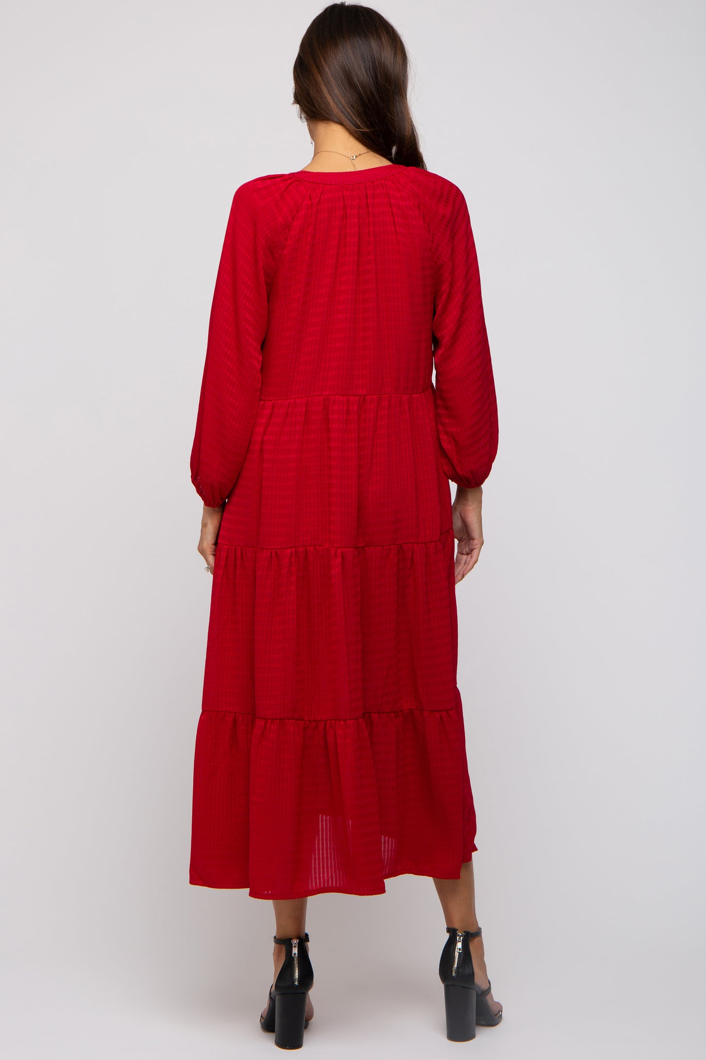 Red Textured Tiered Maternity Midi Dress