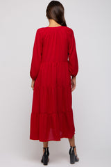 Red Textured Tiered Maternity Midi Dress