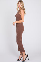 Brown Ribbed Fitted Midi Dress