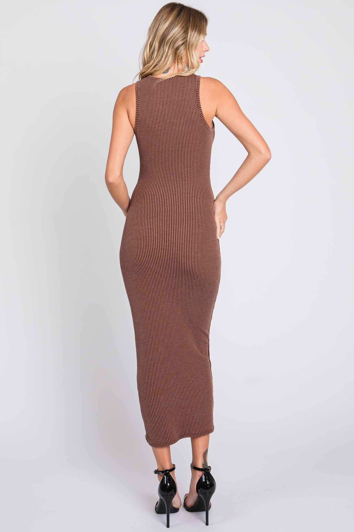 Brown Ribbed Fitted Midi Dress
