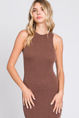 Brown Ribbed Fitted Midi Dress