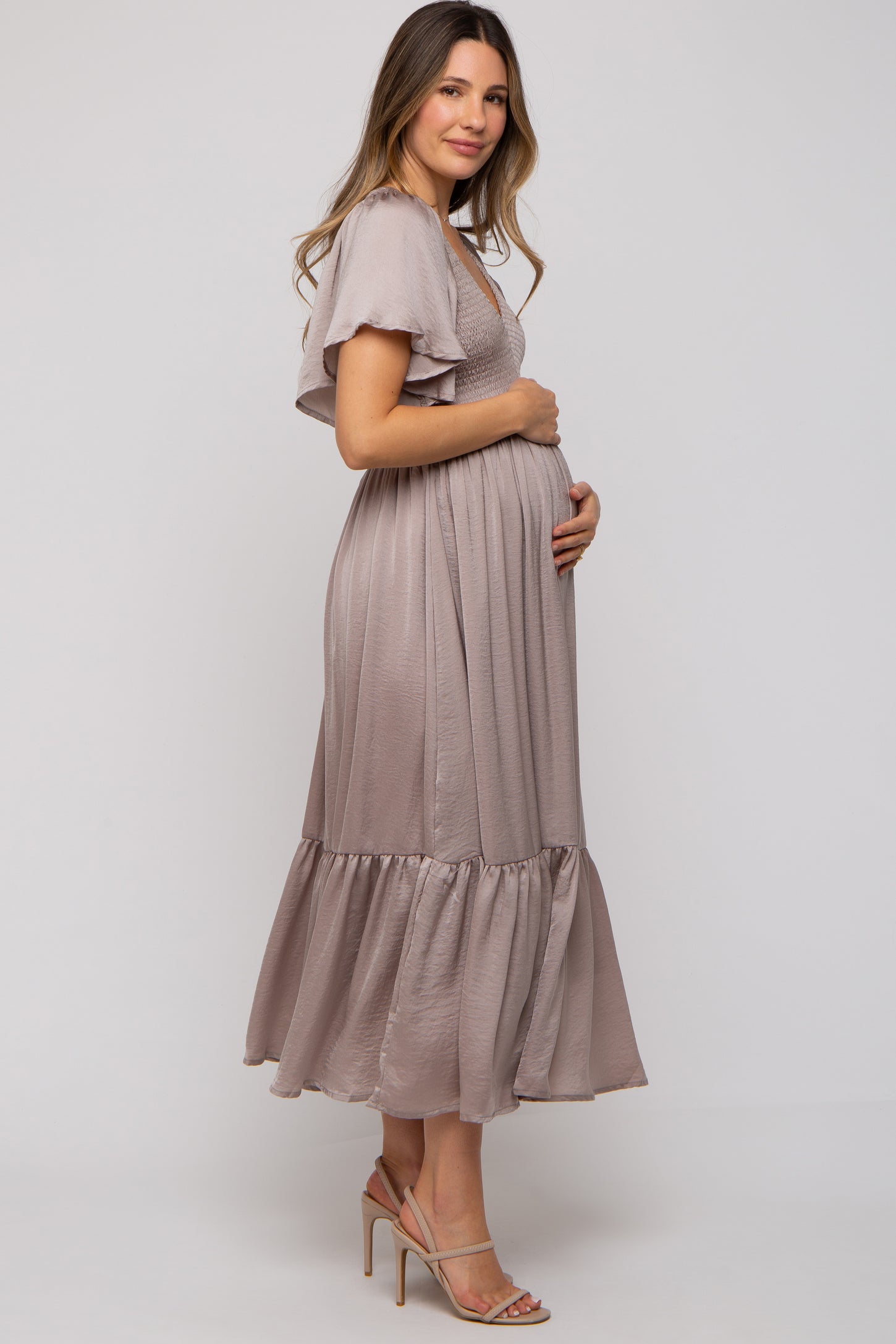 Taupe Satin Smocked Maternity Midi Dress