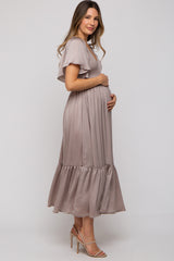 Taupe Satin Smocked Maternity Midi Dress