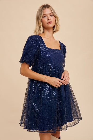 Navy Blue Sequin Pearl Embellished Square Neck Babydoll Dress