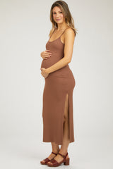 Mocha Ribbed Sleeveless Side Slit Maternity Dress
