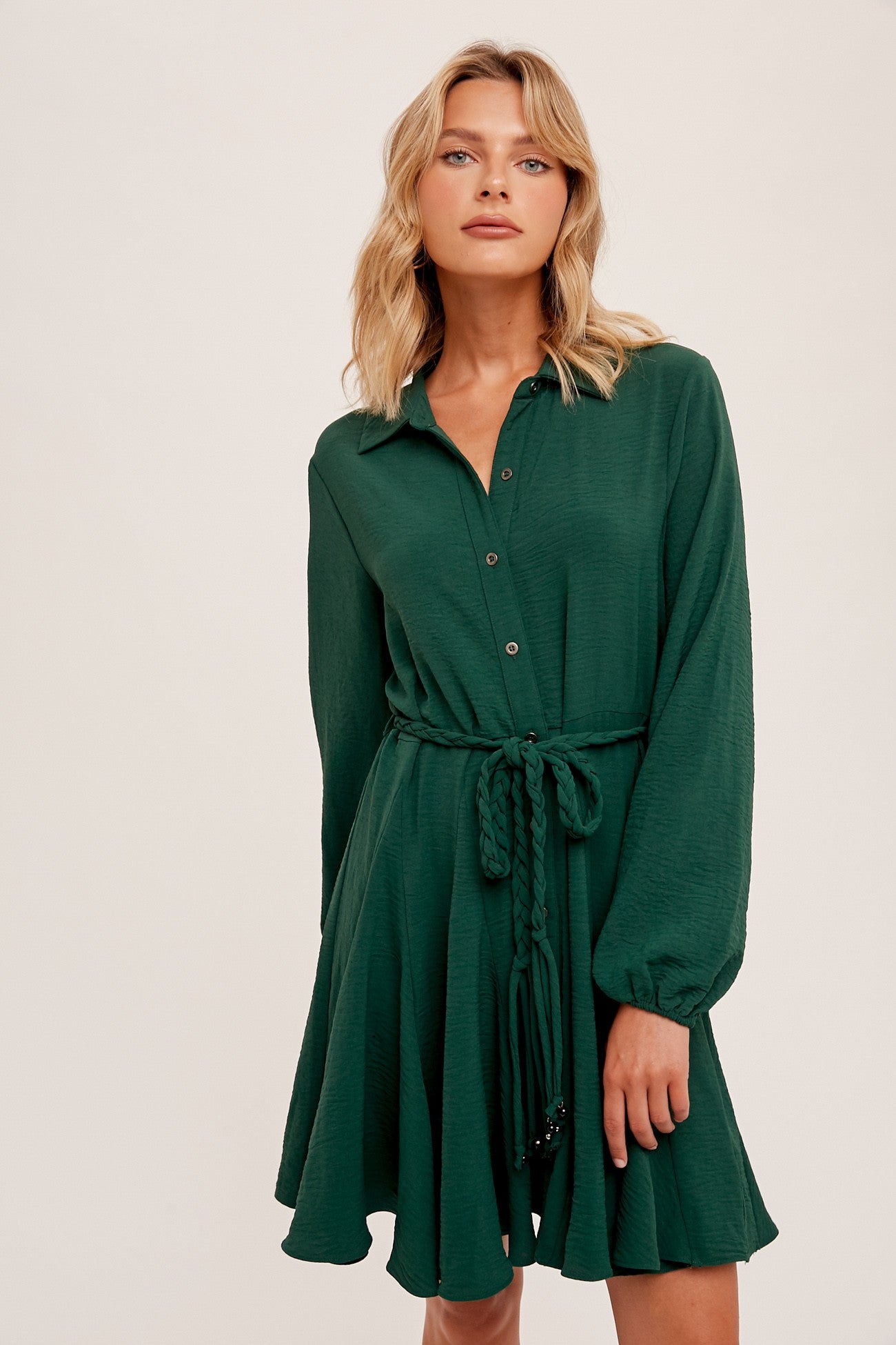 Green Woven Flounced Hem Belted Shirt Dress
