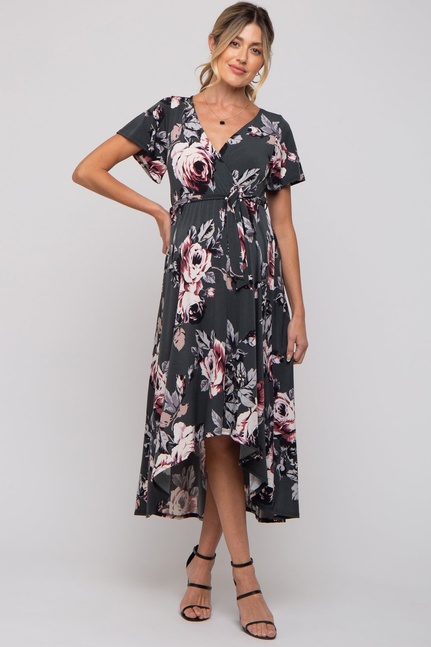 Forest Green Floral High-Low Maternity Wrap Dress