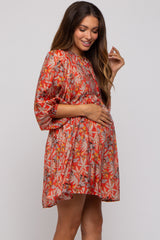 Orange Floral 3/4 Sleeve Maternity Dress