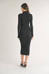 Black Mock Neck Long Sleeve Midi Dress
