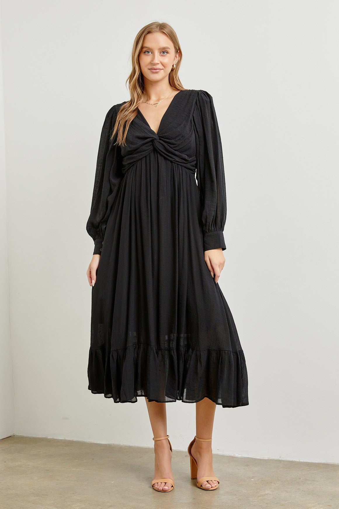 Black Twisted Front Long Sleeve Ruffle Hem Maternity Midi Dress