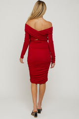 Red Off Shoulder Glitter Ruched Maternity Midi Dress