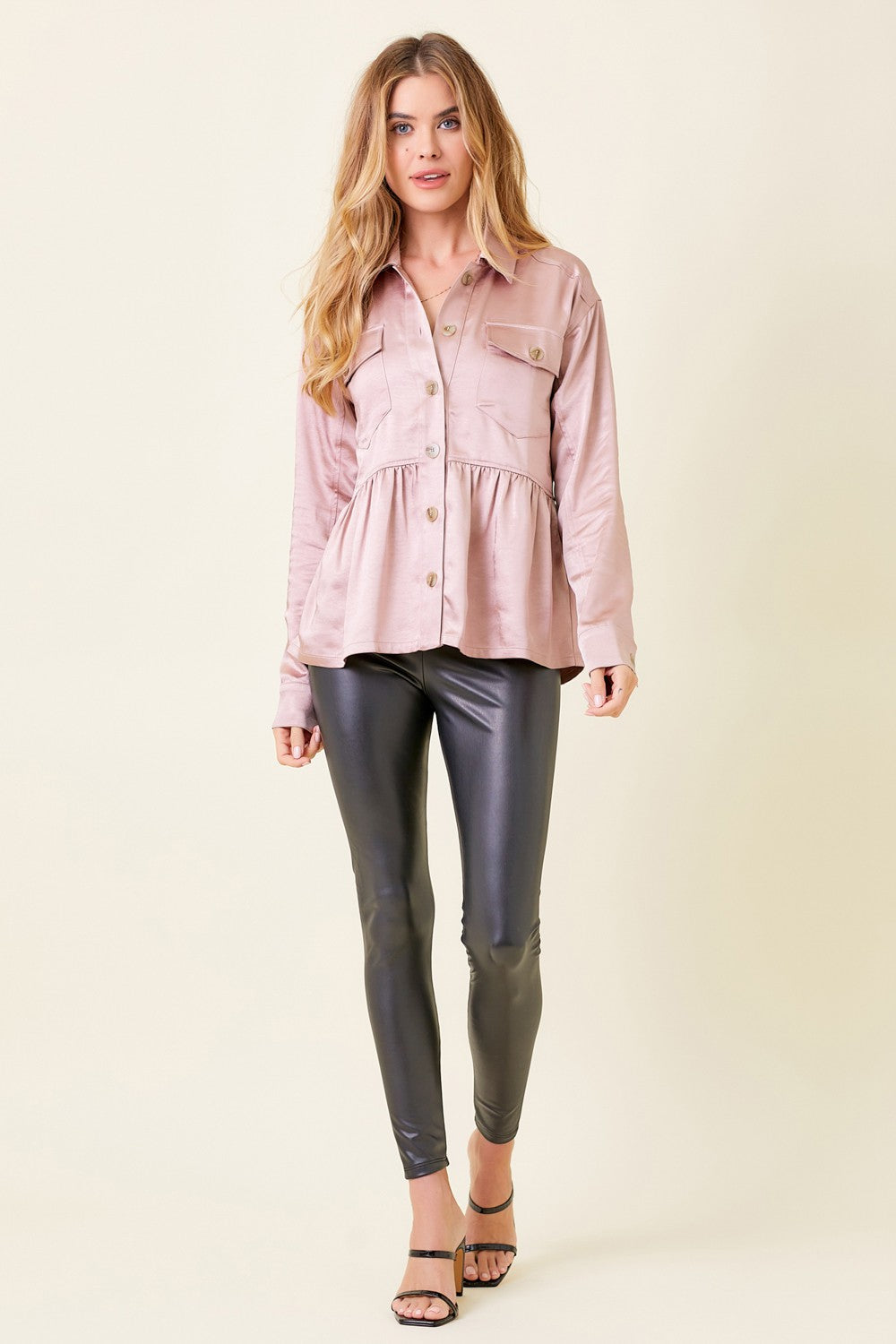 Rose Peplum Satin Shirt Jacket