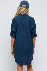 Navy Blue Gauze Button Down Maternity Dress
