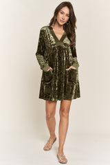 Olive V Neck Long Sleeve Velvet Dress