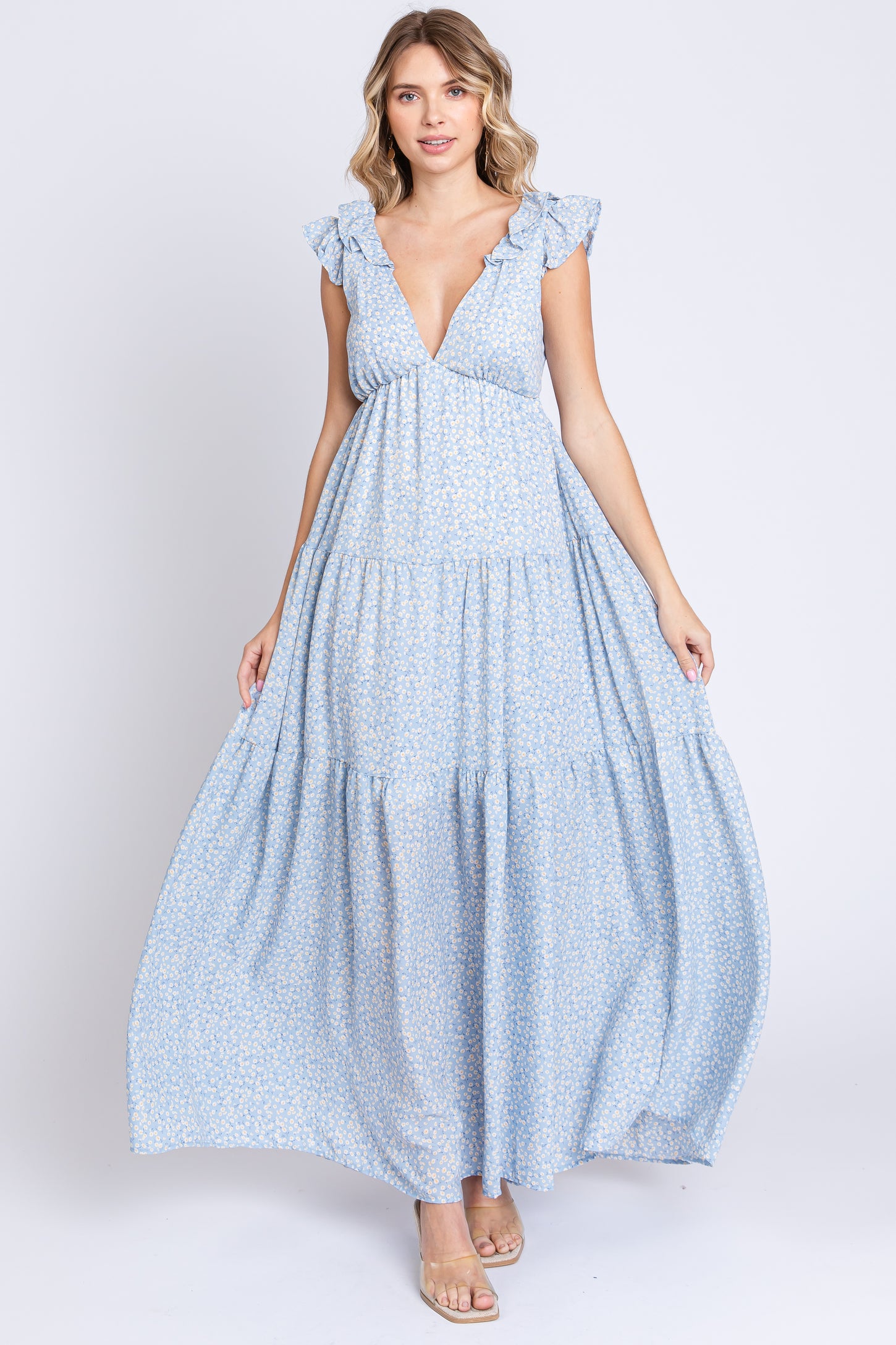 Light Blue Floral Deep V-Neck Tiered Maxi Dress
