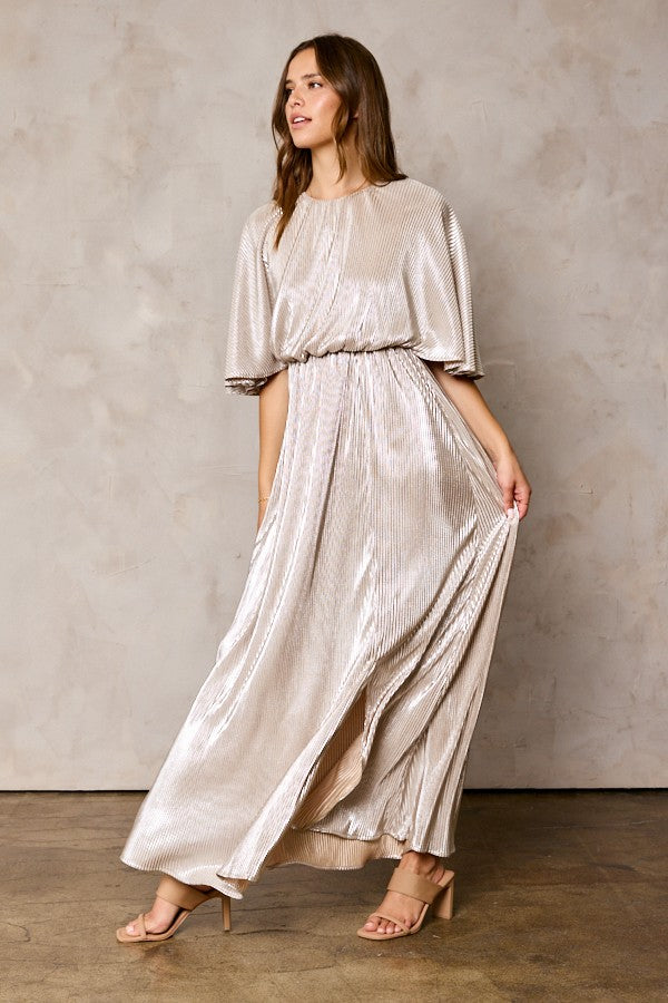 Champagne Wrinkled Slit Maxi Dress