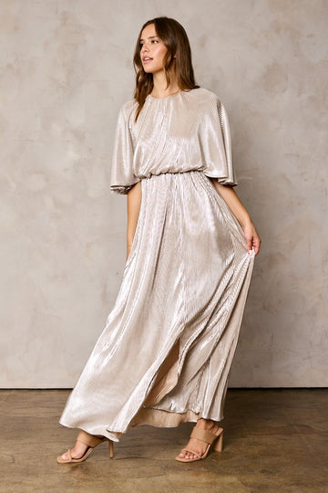 Champagne Wrinkled Slit Maxi Dress