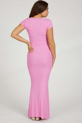 Pink Ribbed Scoop Neck Maternity Maxi Dress