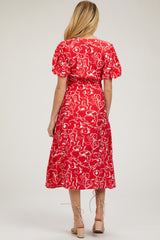 Red Floral Button Front Short Sleeve Maternity Midi Dress