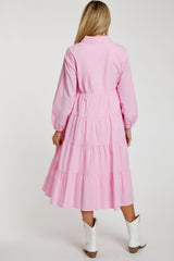 Pink Tiered Collared Maternity Midi Dress