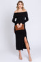 Black Foldover Off Shoulder Front Slit Midi Dress