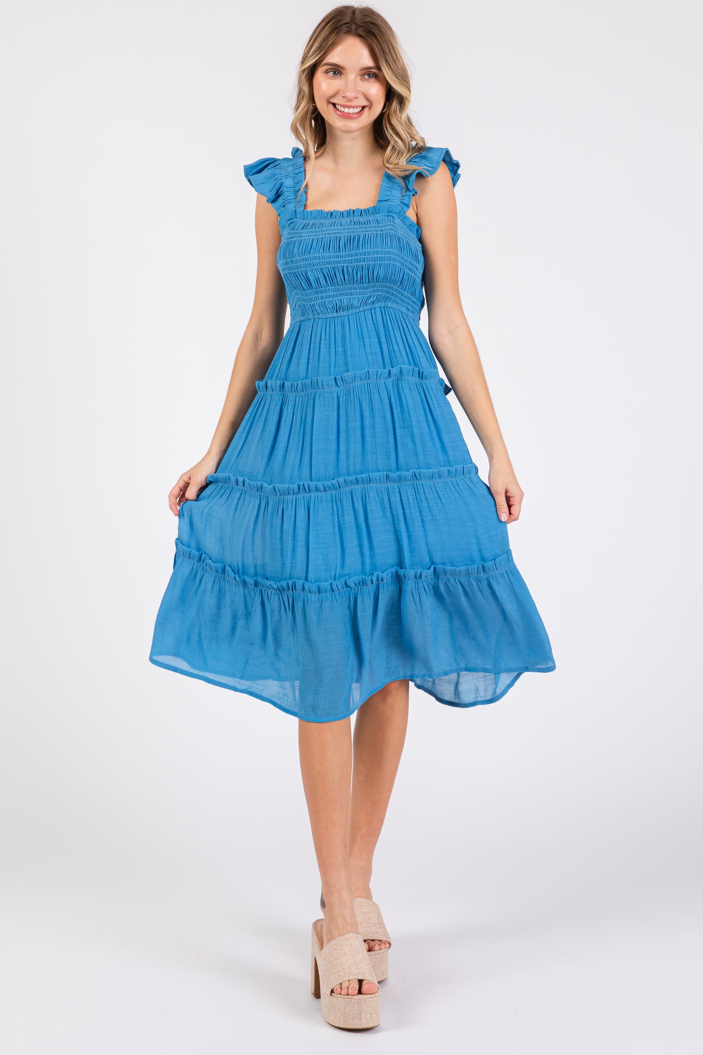 Blue Sleeveless Smocked Tiered Maternity Midi Dress