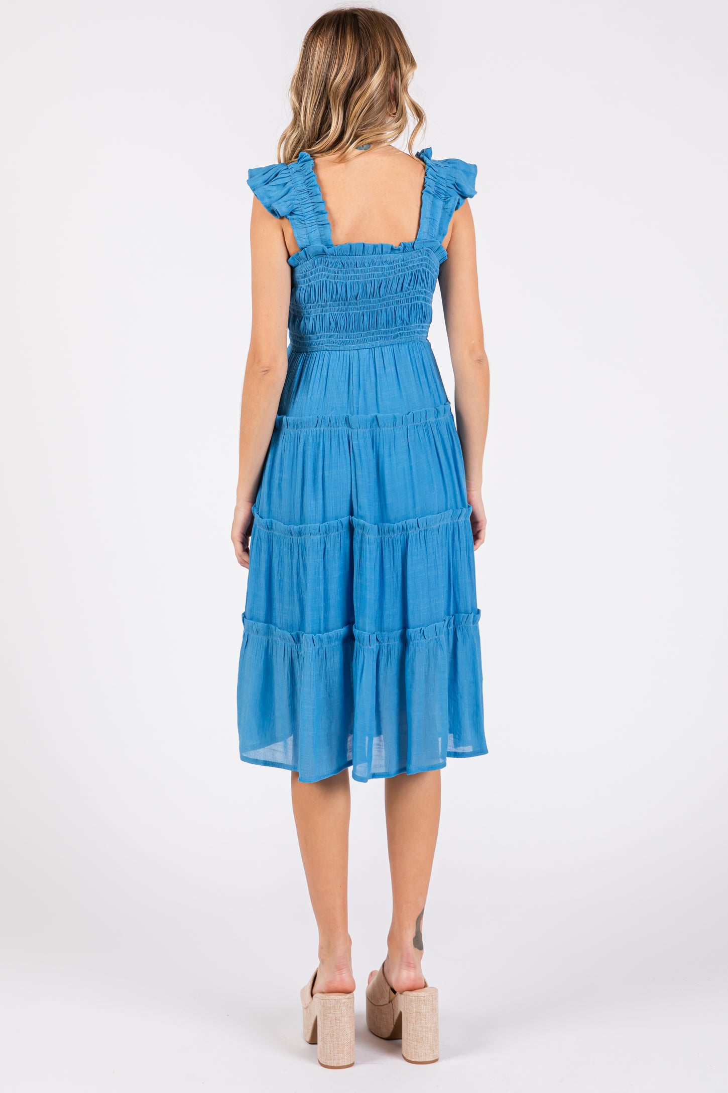 Blue Sleeveless Smocked Tiered Midi Dress