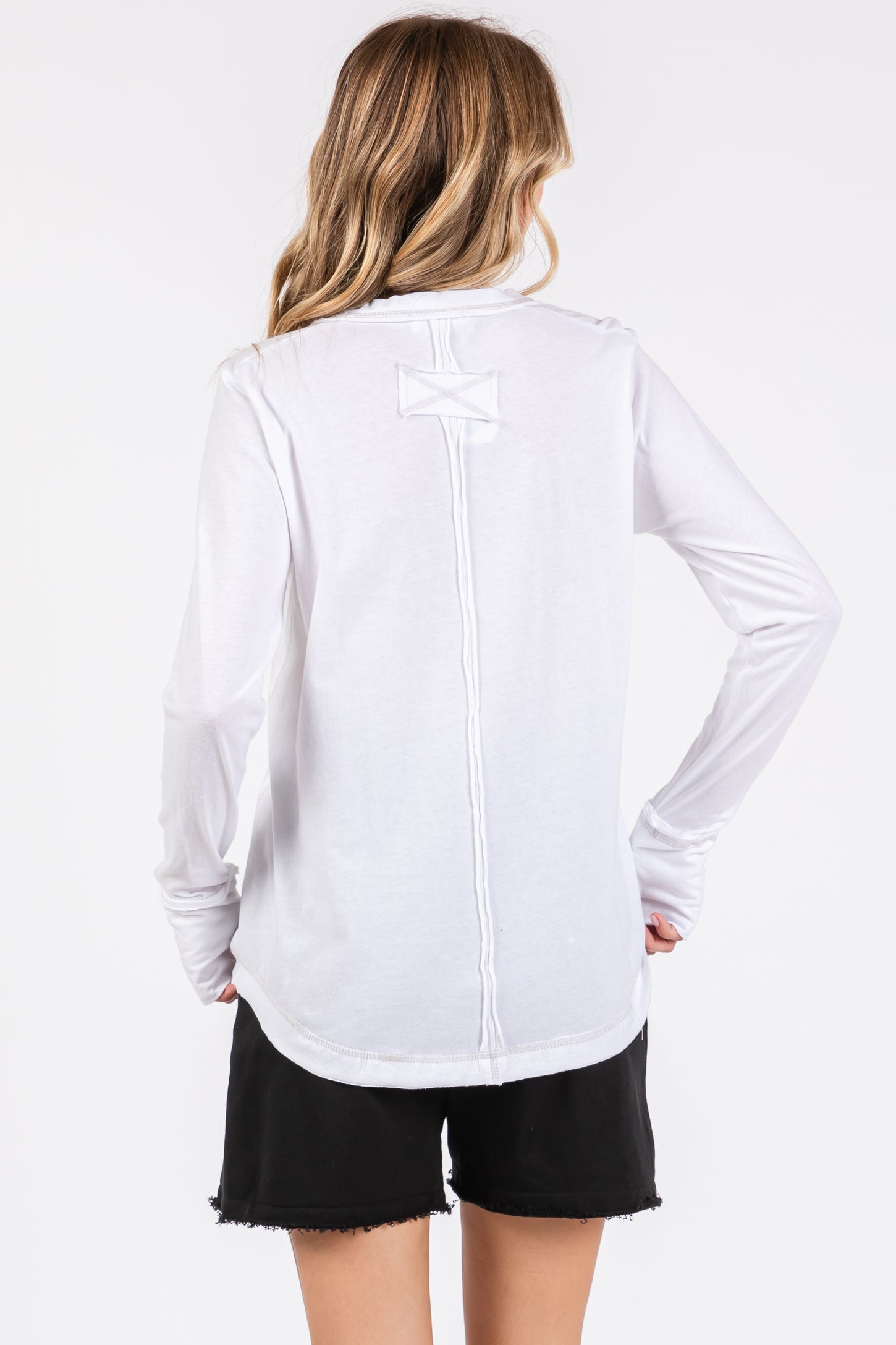 White Long Sleeve Exposed Seam Top