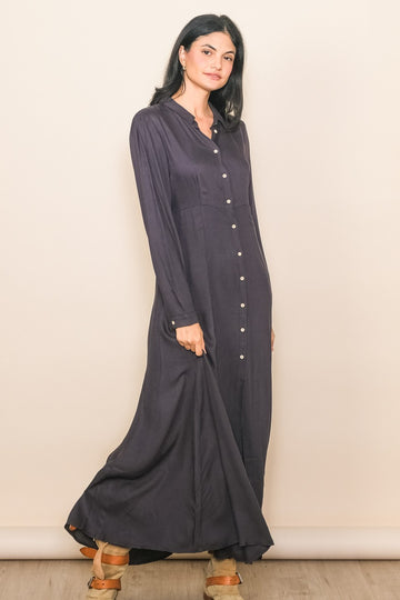 Charcoal Collared Button Down Long Sleeve Maxi Dress