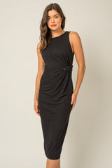 Black Rib Knit Sleeveless Side Twist Midi Dress
