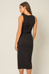 Black Rib Knit Sleeveless Side Twist Midi Dress